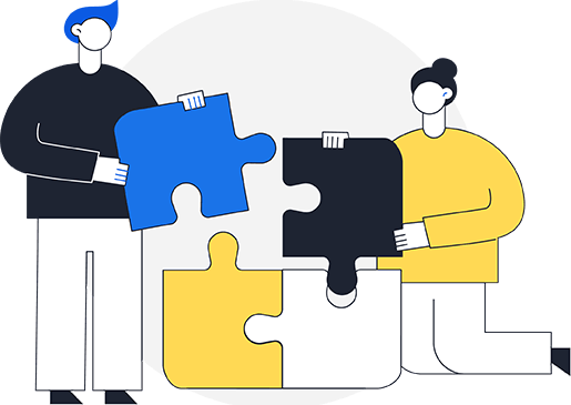 Illustrazione di due persone che assemblano pezzi di puzzle, rappresentando formazione e sicurezza